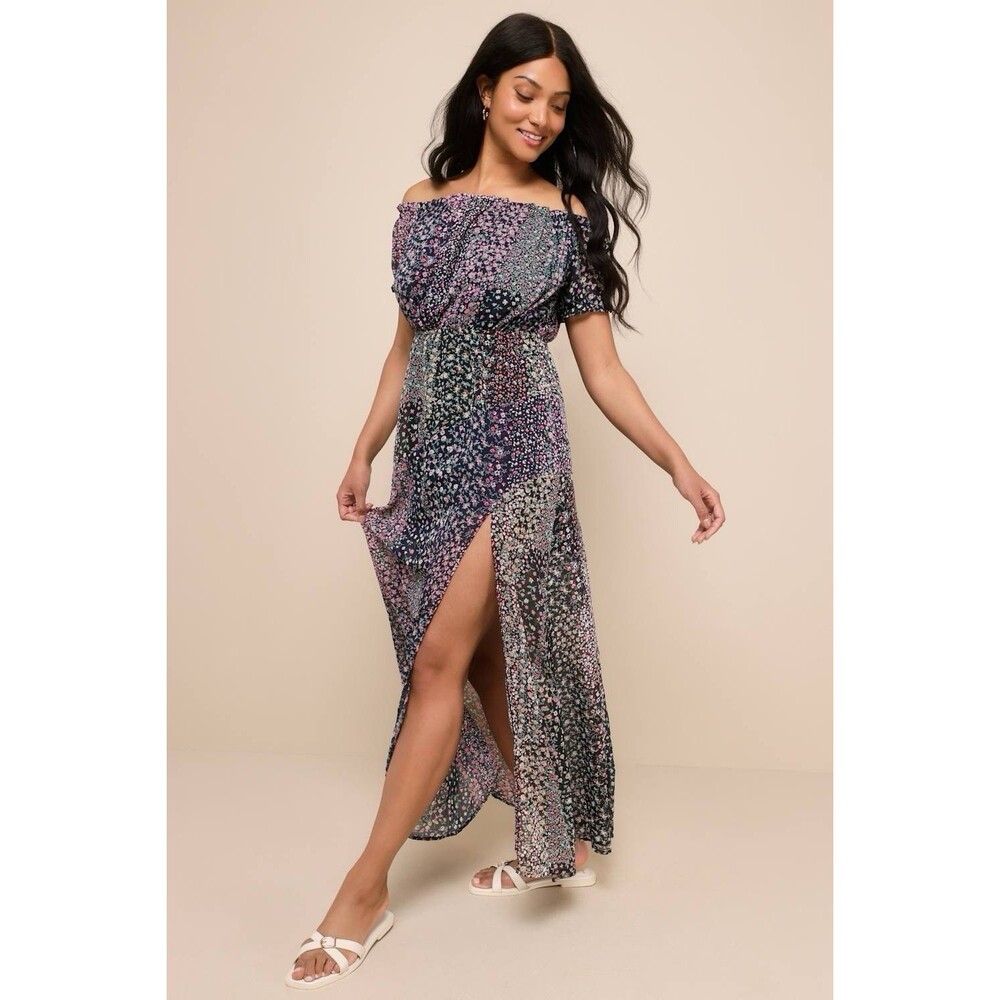 Lulus Neva Navy Ditsy‎ Floral Patchwork Chiffon Maxi Dress M Off Shoulder Lined